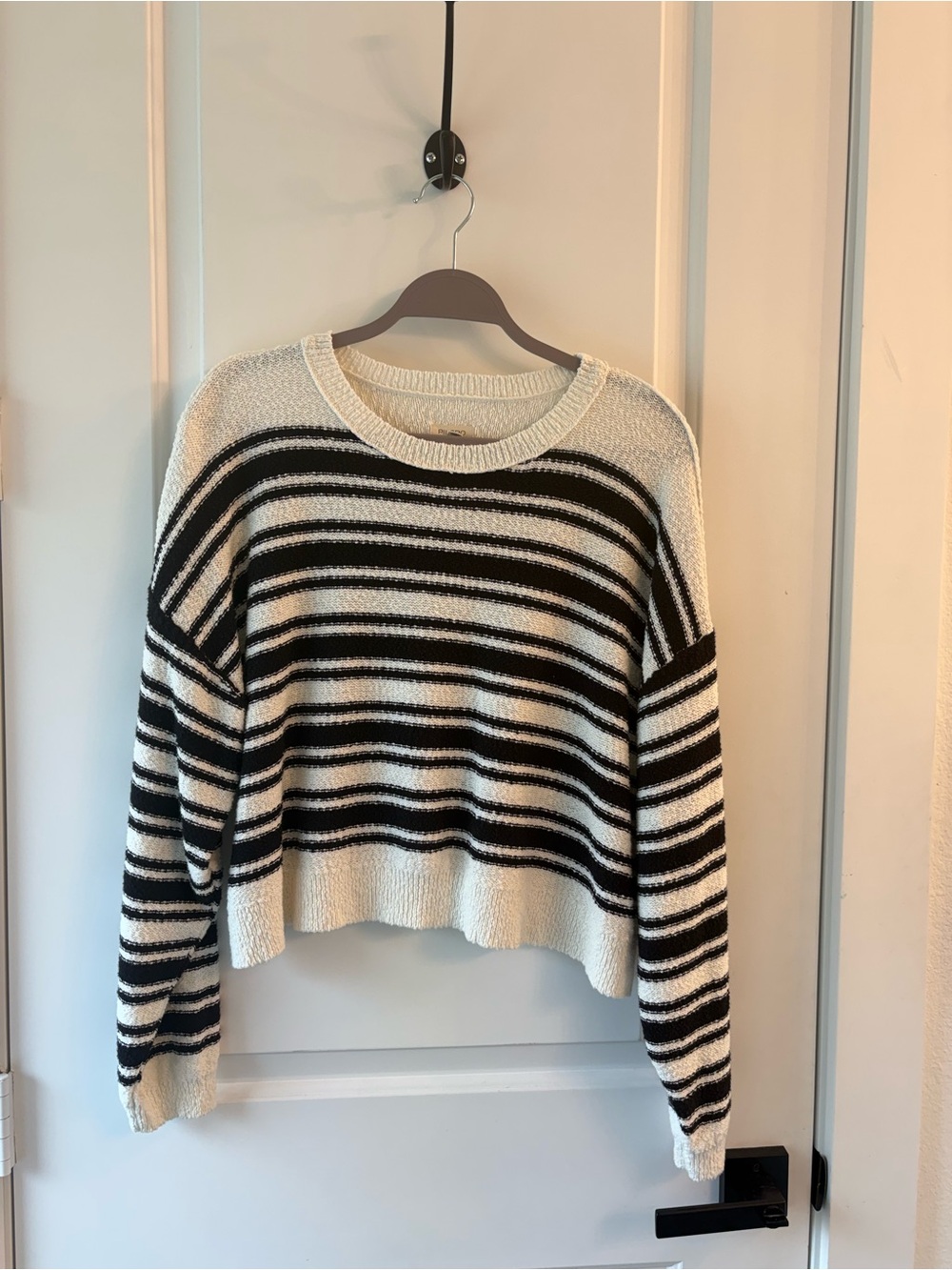 Pilcro Black & Cream Striped Cropped Crewneck Sweater